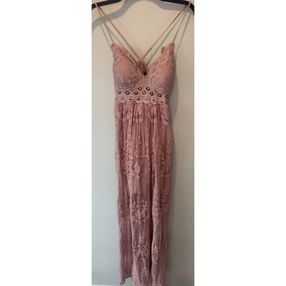 Womens‎ Dusty Rose Sheer Floral Mesh Maxi Dress Small Fairy Romantic Ethereal